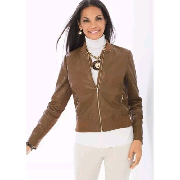 Chicos Faux Leather Bomber Jacket Full-Zip Henna Brown Women’s Size 00/XS NWOT - Picture 2 of 10